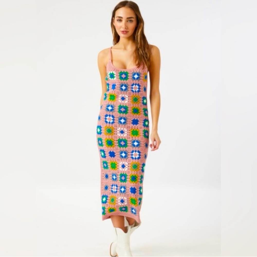 Forever 21 Pink Knit Crochet Boho Halter Midi Dress